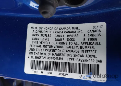 2017 Honda Civic Lx z USA, uszkodzony, nr VIN 2HGFC2F5XHH549391